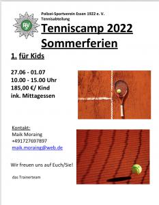 Tenniscamp 27.06. - 01.07. jeweils täglich von 10 - 15 Uhr auf allen 7 Plätzen